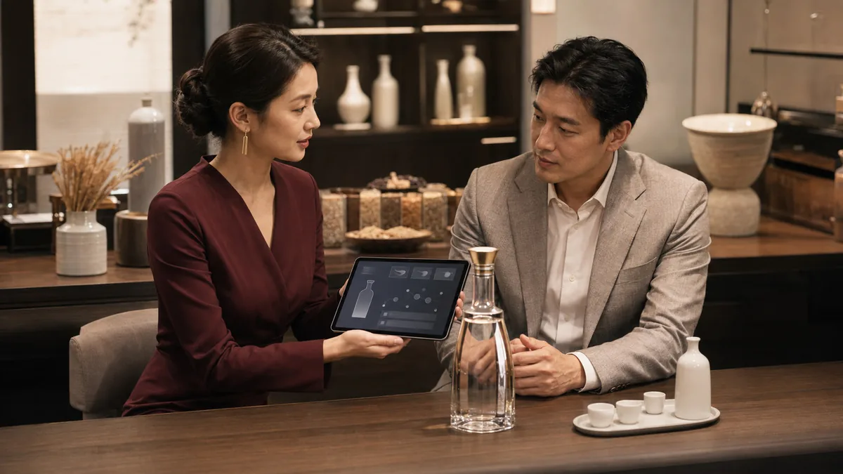 酒類商品の知識をタブレットで確認しながら説明する場面